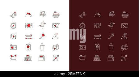 Icone indispensabili per il viaggio. Itinerario di viaggio. Icone della linea ferie. Illustrazioni di vettori turistici. Icone del profilo avventura. Tratto modificabile. Illustrazione Vettoriale