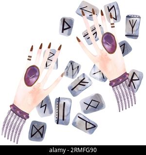 Divinazione rune. Una mano femminile e graziosa con anelli e braccialetti presenta pietre per prevedere il futuro. Illustrazione ad acquerello isolato disegnata a mano Foto Stock