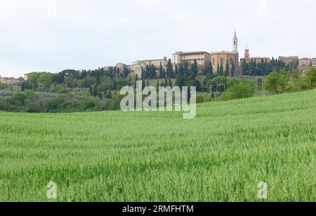 La città di Pienza e gli splendidi campi toscani Foto Stock