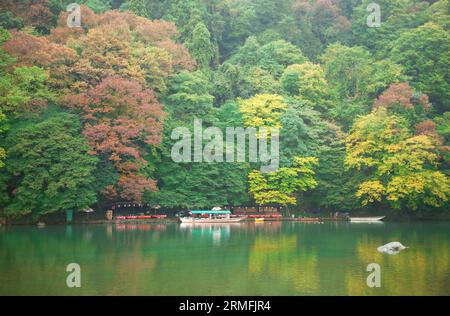 Barche sul fiume Katsura in autunno ad Arashiyama, Giappone Foto Stock