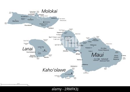 Contea di Maui nello stato degli Stati Uniti Hawaii, mappa politica grigia con Wailuku come sede. Comprende le isole di Maui, Lanai, Molokai, Kahoolawe e Molokini. Foto Stock