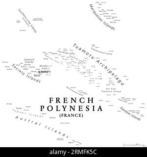 Polinesia francese, mappa politica grigia con capitale Papeete, sull'isola di Tahiti. Collettività d'oltremare della Francia e unico paese d'oltremare. Foto Stock