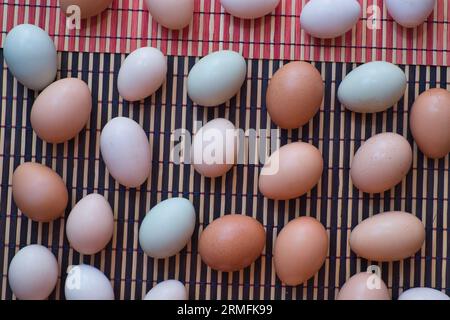 Preparazione delle uova per Pasqua, la tintura è fatta con ingredienti naturali presenti nelle erbe e nelle erbe Foto Stock