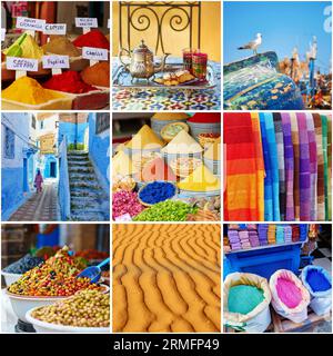 Collage con foto marocchine colorate, selezione di spezie, olive, tappeti su un mercato tradizionale (souk), tè alla menta, sabbia nel deserto del Sahara Foto Stock