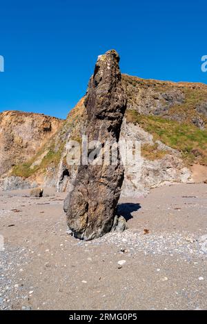 Pilastro di pietra su una spiaggia sabbiosa sulla Copper Coast nella contea di Waterford.Irlanda. Foto Stock