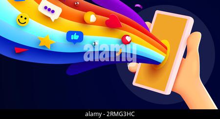 Tenere il telefono in due mani. Mokup telefono. Esplosione del colore. Poster luminoso. Illustrazione vettoriale Illustrazione Vettoriale