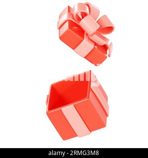 Confezione regalo aperta illustrazione 3d - confezione rossa con ribon rosa e fiocco e cappuccio galleggianti. Foto Stock