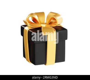 Confezione regalo chiusa nera con nastro dorato e illustrazione di rendering 3d con fiocco Foto Stock