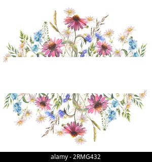 Splendida cornice floreale con acquerello di fiori di campo selvatici estivi disegnati a mano. Giardino con vegetazione floreale fiori selvatici per l'invito al matrimonio. Natura selvaggia Foto Stock