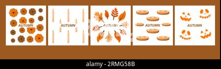 Atmosfera autunnale. Set di cinque illustrazioni vettoriali colorate alla moda. Zucche, candels, torta e foglie. Design piatto. Timbro texture. Biglietti d'auguri. Ogni malato Foto Stock