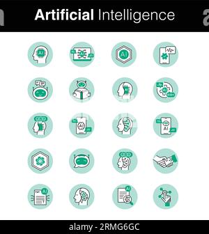 Set di icone di intelligenza artificiale - icone ai -- Set di simboli ai - icone macchine intelligenti. Icone delle linee vettoriali di traccia modificabili. Illustrazione Vettoriale