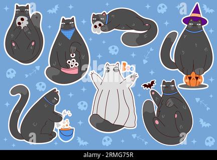 Set di adesivi vettoriali per gatto neri di Halloween.buon halloween con gatto carino.illustrazione vettoriale Illustrazione Vettoriale