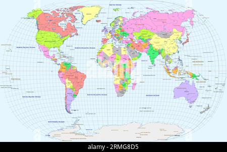 Mappa del mondo politico Györffy proiezione E. Illustrazione Vettoriale