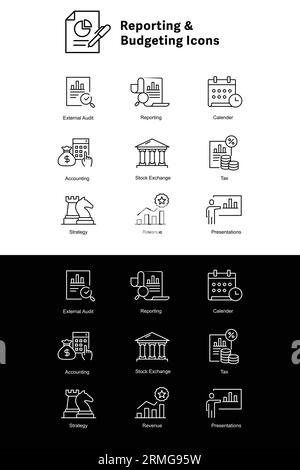 Icone di rendicontazione finanziaria e budget. Icone delle linee vettoriali con traccia modificabile. Illustrazione Vettoriale