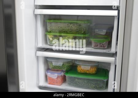 Contenitori in plastica e vetro con diversi prodotti freschi in frigo. Conservazione degli alimenti Foto Stock