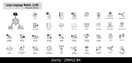 Set di icone della riga di concetti del modello di lingua: AI, PNL, apprendimento automatico. Icone traccia modificabili. Illustrazione Vettoriale