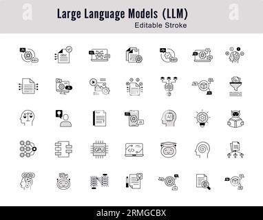 Set di icone della riga di concetti del modello di lingua: AI, PNL, apprendimento automatico. Icone traccia modificabili. Illustrazione Vettoriale