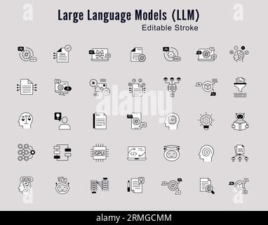 Set di icone della riga di concetti del modello di lingua: AI, PNL, apprendimento automatico. Icone traccia modificabili. Illustrazione Vettoriale