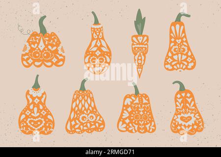 Dia de los Muertos, carine zucche di halloween. Illustrazione vettoriale per invito, scheda, poster. Illustrazione Vettoriale