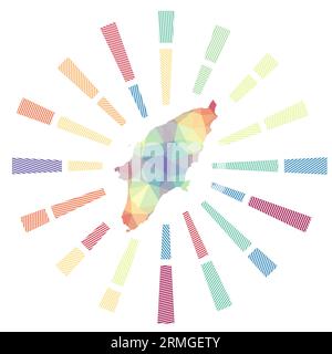 Rhodes Sunburst. Basse razze a strisce poly e mappa dell'isola. Elegante illustrazione vettoriale. Illustrazione Vettoriale