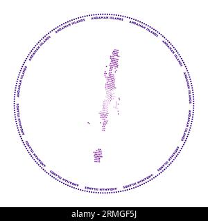 Logo rotondo delle Isole Andamane. Forma in stile digitale delle Isole Andamane in un cerchio punteggiato con il nome dell'isola. Icona tecnologica dell'isola con punti sfumati. Illustrazione Vettoriale