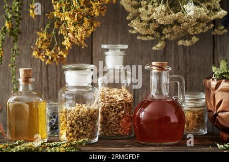 Tinture e oli in bottiglie di vetro, con freccia essiccata, St. L'erba e l'agrimonia di John sono appesi sullo sfondo Foto Stock