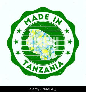 Prodotto in Tanzania. Francobollo rotondo. Sigillo della Tanzania con forma di bordo. Badge vintage con testo circolare e stelle. Illustrazione vettoriale. Illustrazione Vettoriale