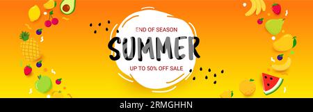 Sfondo estivo luminoso con frutta. Fine stagione estiva. Fino a 50 sconti. design banner modello. Estate con frutta in promozione. Illu. Vettore Illustrazione Vettoriale