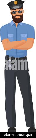 Poliziotto serio a braccia incrociate. Poliziotto in piedi in uniforme da lavoro illustrazione vettoriale dei cartoni animati Illustrazione Vettoriale