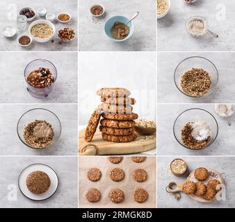 Cucinare biscotti vegani di farina d'avena con noci e semi di lino, collage, fai da te, passo dopo passo, ingredienti, fasi di cottura, ultimo piatto su una pietra grigia Foto Stock