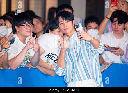 Jung Hae-in, 20 luglio 2023 : l'attore sudcoreano Jung Hae-in partecipa a un evento fotografico prima di un'anteprima VIP del thriller d'azione sudcoreano 'Smugglers' a Seoul, Corea del Sud. (Foto di Lee Jae-won/AFLO) (COREA DEL SUD) Foto Stock