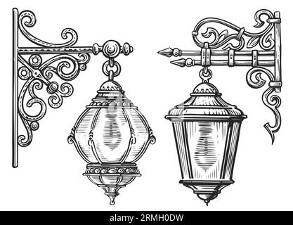 Vecchio lampione da parete in stile incisivo. Illustrazione dello schizzo di una lanterna vintage Foto Stock
