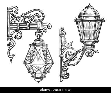 Lampione da parete in ferro battuto in stile incisione. Illustrazione vintage dello schizzo delle lanterne Foto Stock