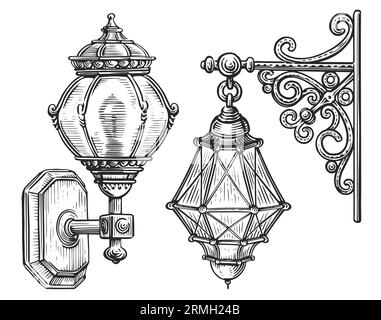Stile di incisione con disegno a lanterna vintage. Vecchio lampione da parete Foto Stock