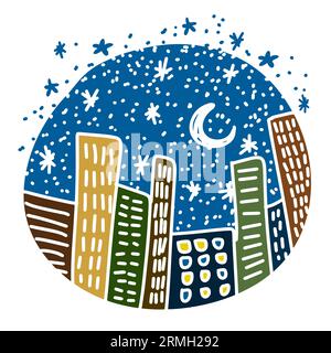 Cerchio grafico con grattacieli di notte. Illustrazione vettoriale Illustrazione Vettoriale