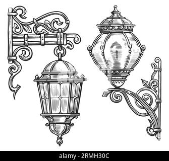 Illustrazione di una vecchia lanterna vintage in stile incisivo. Lampione a parete isolato su sfondo bianco Foto Stock