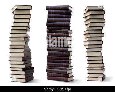 Tre pile alte di libri con ombre isolate su uno sfondo bianco Foto Stock