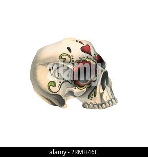 Profilo del cranio umano senza mascella inferiore con decorazioni malvagie, terribili. Illustrazione ad acquerello disegnata a mano per il giorno dei morti, halloween, dia de los Foto Stock