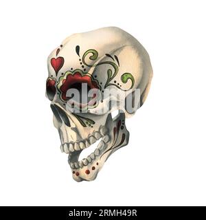 Il profilo del cranio umano con un ornamento dipinto è malvagio, terribile, spettrale. Illustrazione ad acquerello disegnata a mano per il giorno dei morti, halloween, dia de los Foto Stock