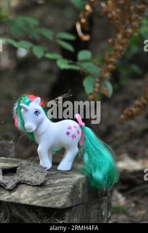 My Little Pony Figurine of Gusty the unicorn (1984) di Hasbro ambientato in un bosco circostante Foto Stock