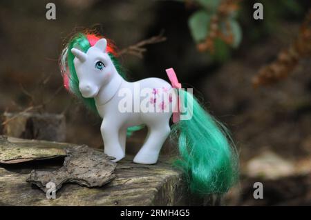 My Little Pony Figurine of Gusty the unicorn (1984) di Hasbro ambientato in un bosco circostante Foto Stock