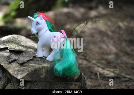 My Little Pony Figurine of Gusty the unicorn (1984) di Hasbro ambientato in un bosco circostante Foto Stock