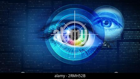 Background di sicurezza biometrica e identità digitale come riconoscimento scansione Iris o scansione retinica come metodo di identificazione biometrica Foto Stock