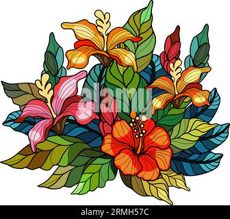 L'ibisco fiorisce e foglie nella tecnica delle vetrate colorate illustrazione vettoriale Illustrazione Vettoriale