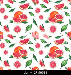 Acquerello motivo senza cuciture pompelmo, arancio su sfondo bianco, dipinto a mano in stile botanico, per vacanze, matrimoni, design gastronomico. Citrusy Foto Stock
