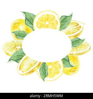 Cornice acquerello di limoni, fiori e foglie dipinta a mano in stile botanico, per l'uso in vacanza, matrimonio e design alimentare. Sfondo frutta tropicale Foto Stock