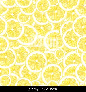 Acquerello e limone con motivi floreali senza cuciture. Illustrazione stampa gialla di frutta tropicale per tessuti, carta da parati, invito, cartolina. Design artistico Foto Stock
