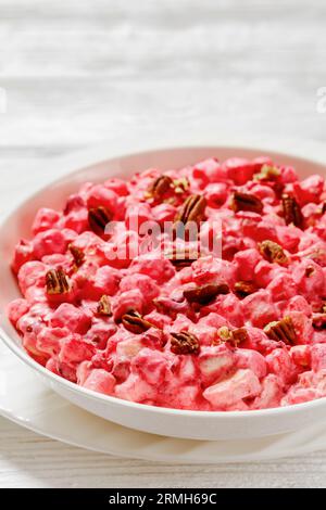 insalata cremosa di mirtilli rossi con mini marshmallow, mela fresca e noci pecan in ciotola bianca su tavolo di legno bianco, vista verticale, primo piano Foto Stock