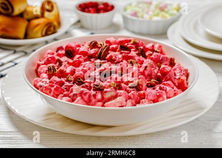 insalata cremosa di mirtilli rossi con mini marshmallow, mela fresca e noci pecan in ciotola bianca su tavolo di legno bianco con dolci alla cannella, ricetta americana, h Foto Stock