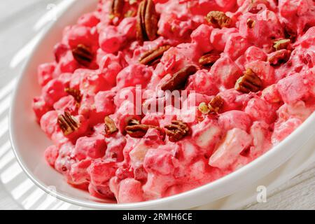 insalata cremosa di mirtilli rossi con mini marshmallow, mela fresca e noci pecan in ciotola bianca su tavolo di legno bianco, primo piano Foto Stock